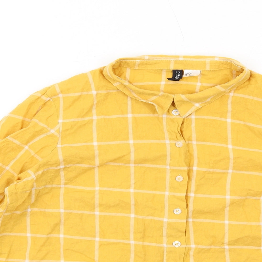 H&M Womens Yellow Check Cotton Basic Button-Up Size 6 Collared