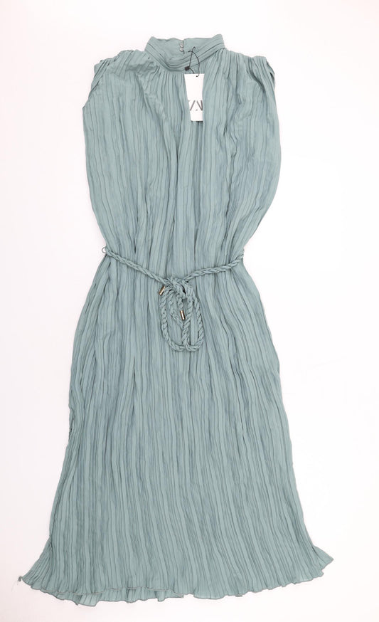 Zara Womens Green Polyester A-Line Size M Mock Neck Button