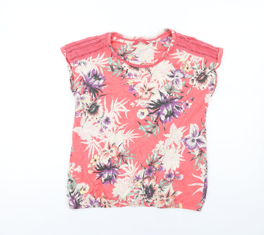 NEXT Womens Pink Floral Cotton Basic T-Shirt Size 12 Round Neck - Crochet Detail