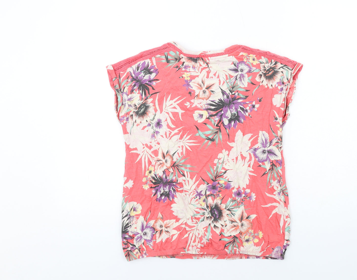 NEXT Womens Pink Floral Cotton Basic T-Shirt Size 12 Round Neck - Crochet Detail