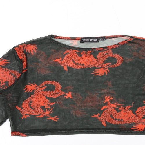 PRETTYLITTLETHING Womens Black Geometric Polyester Cropped T-Shirt Size 14 Crew Neck - Chinese Dragon Print