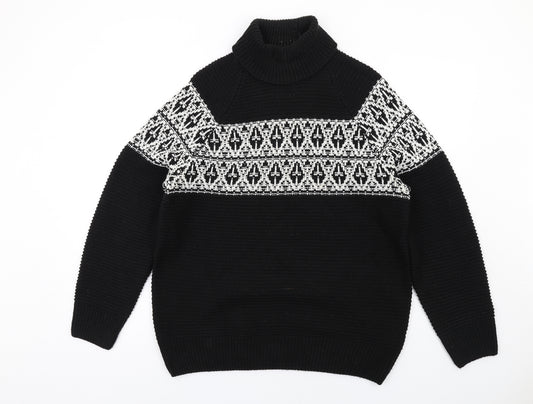 Marks and Spencer Mens Black Roll Neck Fair Isle Acrylic Pullover Jumper Size L Long Sleeve