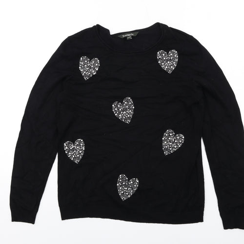 Bonmarché Womens Black Round Neck Viscose Pullover Jumper Size 12 - Heart