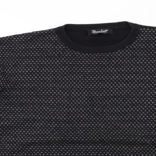 Brian Scott Mens Black Crew Neck Geometric Acrylic Pullover Jumper Size XL Long Sleeve