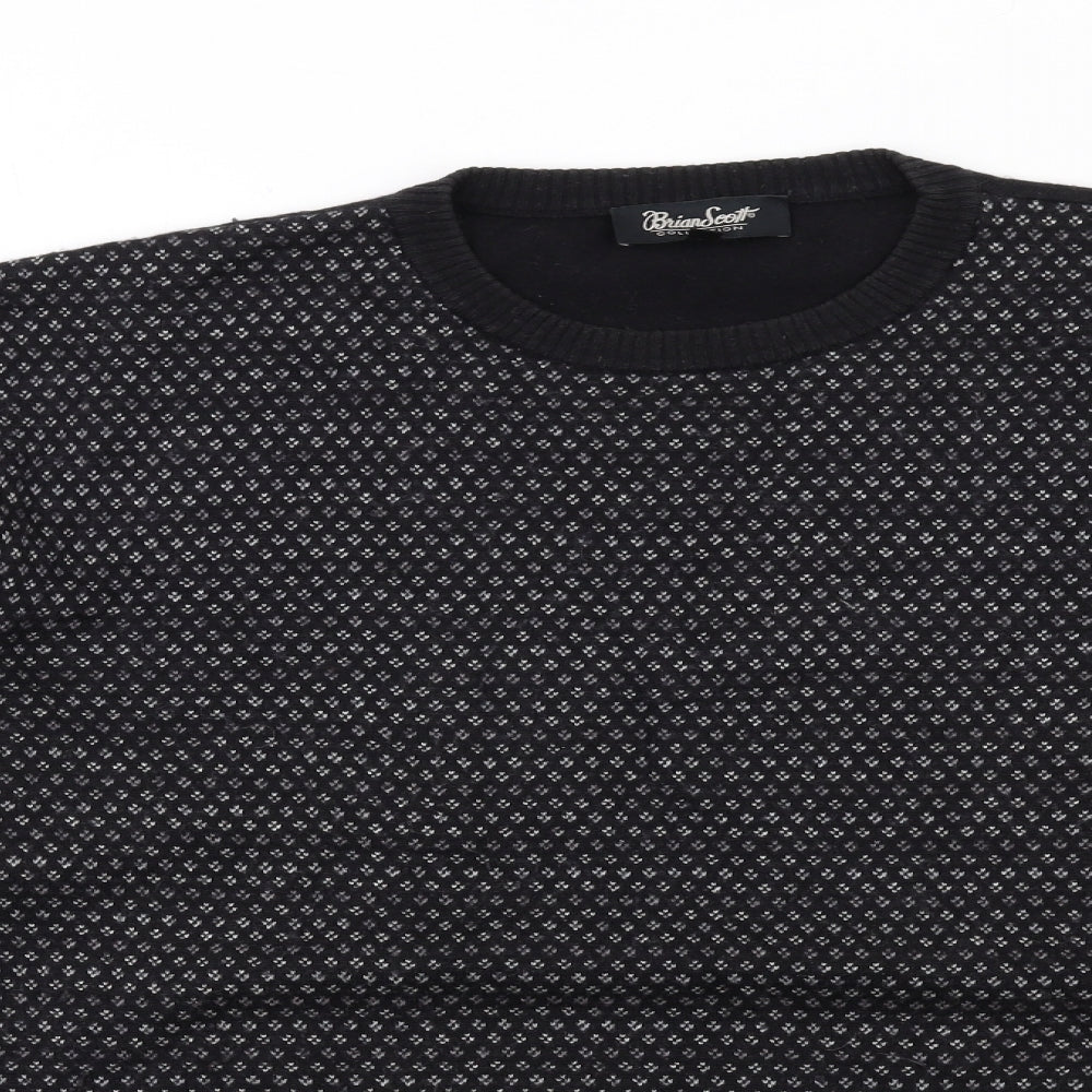 Brian Scott Mens Black Crew Neck Geometric Acrylic Pullover Jumper Size XL Long Sleeve