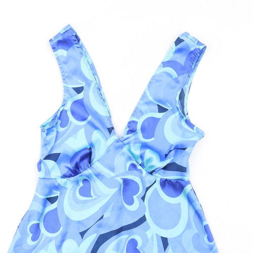 Violet Romance Womens Blue Geometric Polyester Mini Size 12 V-Neck Zip