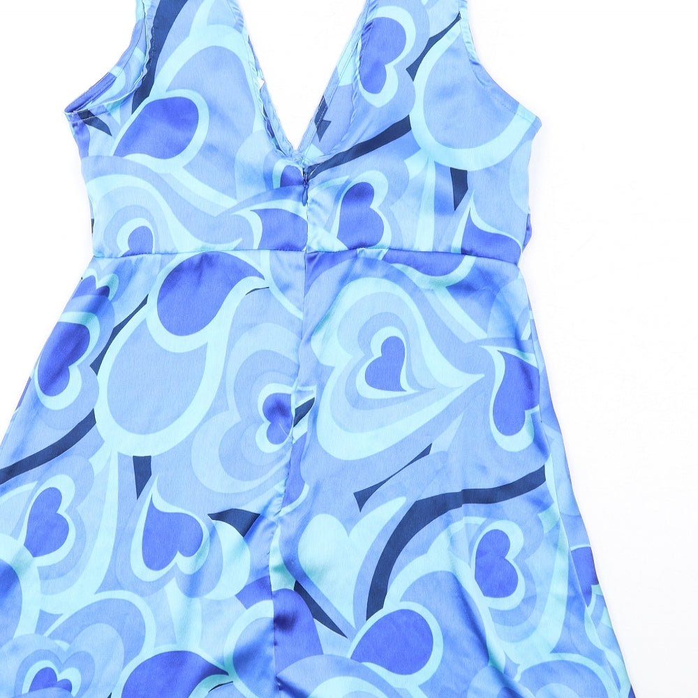 Violet Romance Womens Blue Geometric Polyester Mini Size 12 V-Neck Zip