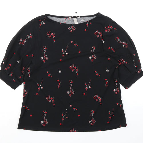H&M Womens Black Floral Polyester Basic Blouse Size S Boat Neck