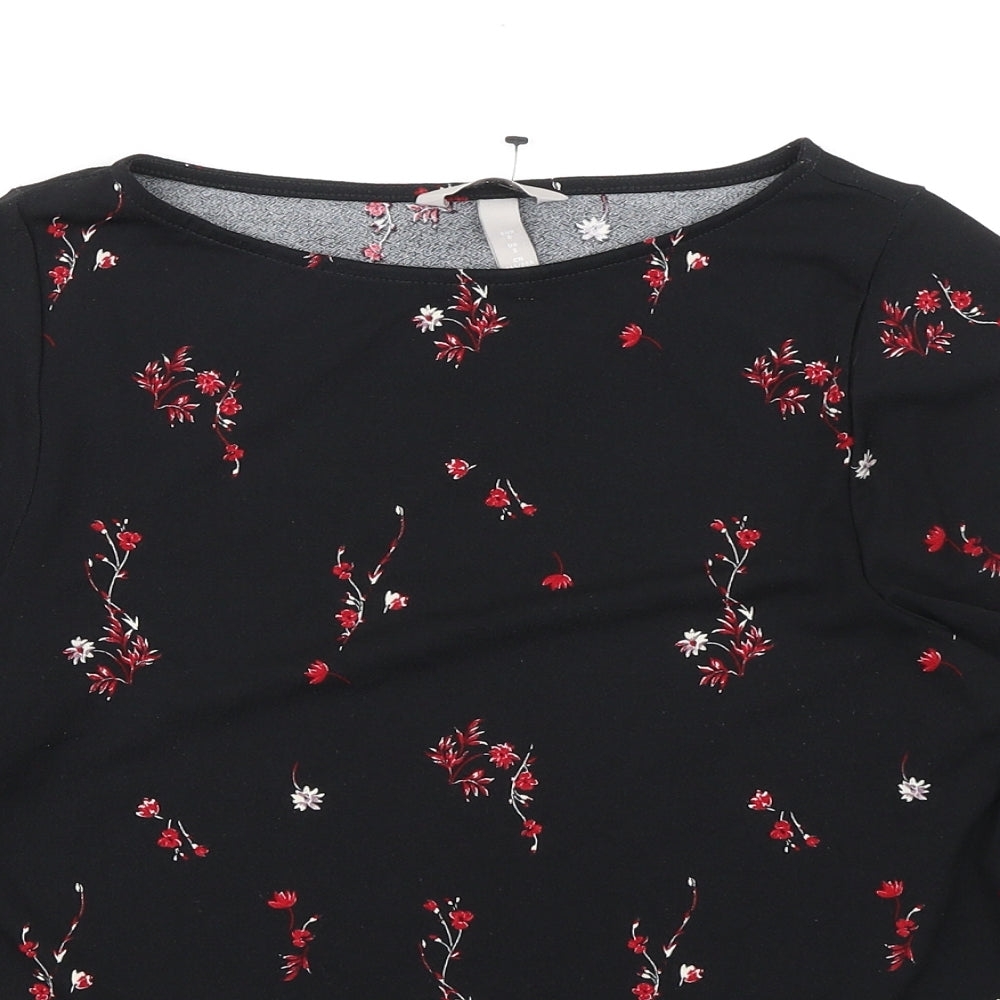 H&M Womens Black Floral Polyester Basic Blouse Size S Boat Neck