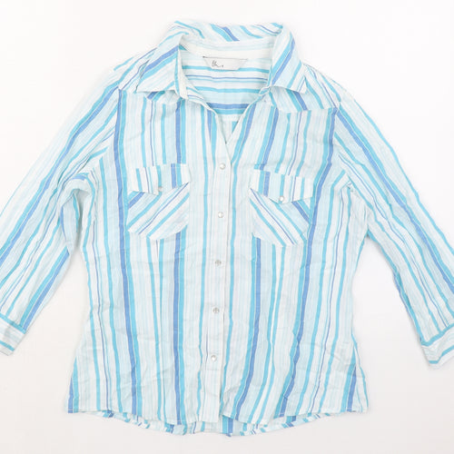 BHS Womens Blue Striped 100% Cotton Basic Button-Up Size 12 Collared