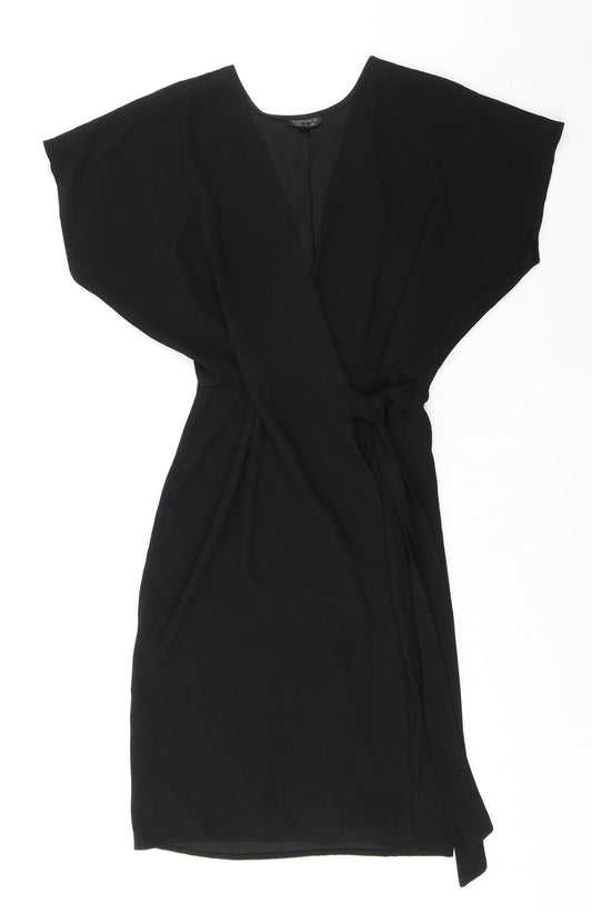 Topshop Womens Black Polyester Wrap Dress Size 10 V-Neck Tie