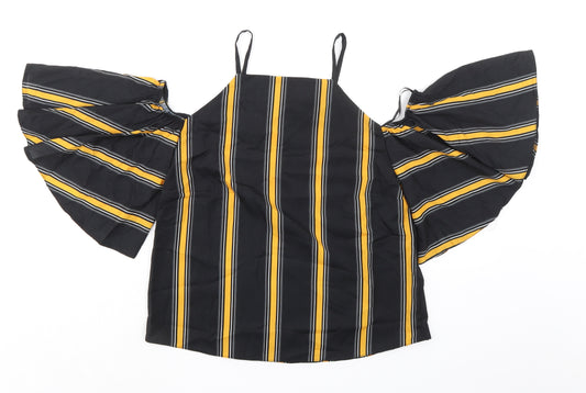 Select Womens Black Striped Polyester Basic Blouse Size 6 Square Neck - Cold Shoulder Detail