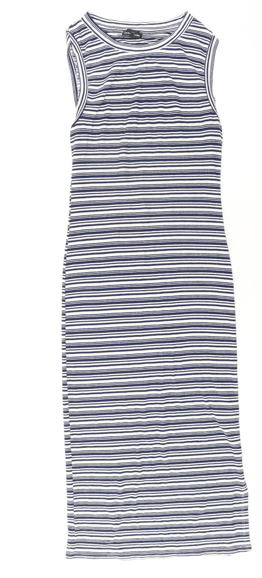 Warehouse Womens Blue Striped Polyester Tank Dress Size 12 Round Neck Pullover