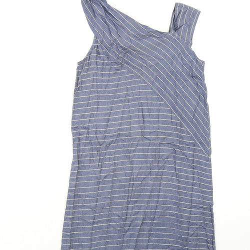 Oliver Bonas Womens Blue Striped Viscose Shift Size 6 Square Neck Tie - Tie Shoulder Detail