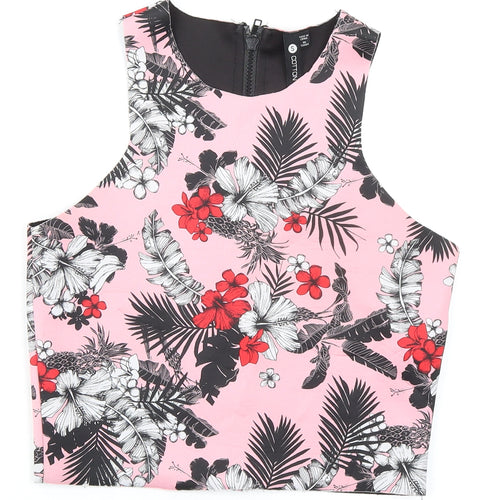 Cotton On Womens Pink Floral Polyester Cropped Tank Size S Round Neck