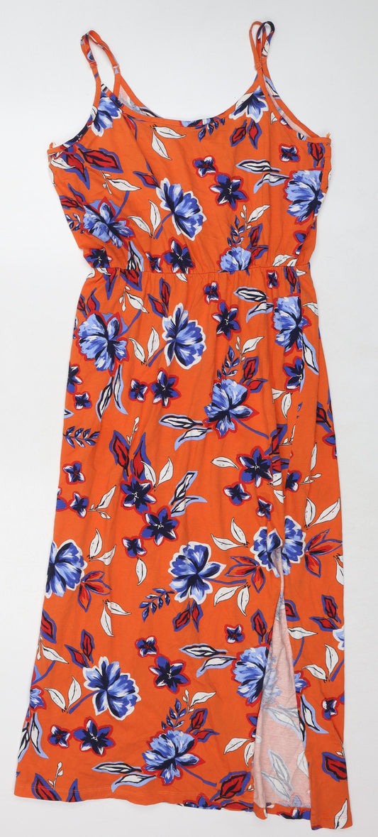 Marks and Spencer Womens Orange Floral 100% Cotton Slip Dress Size 16 Scoop Neck Pullover
