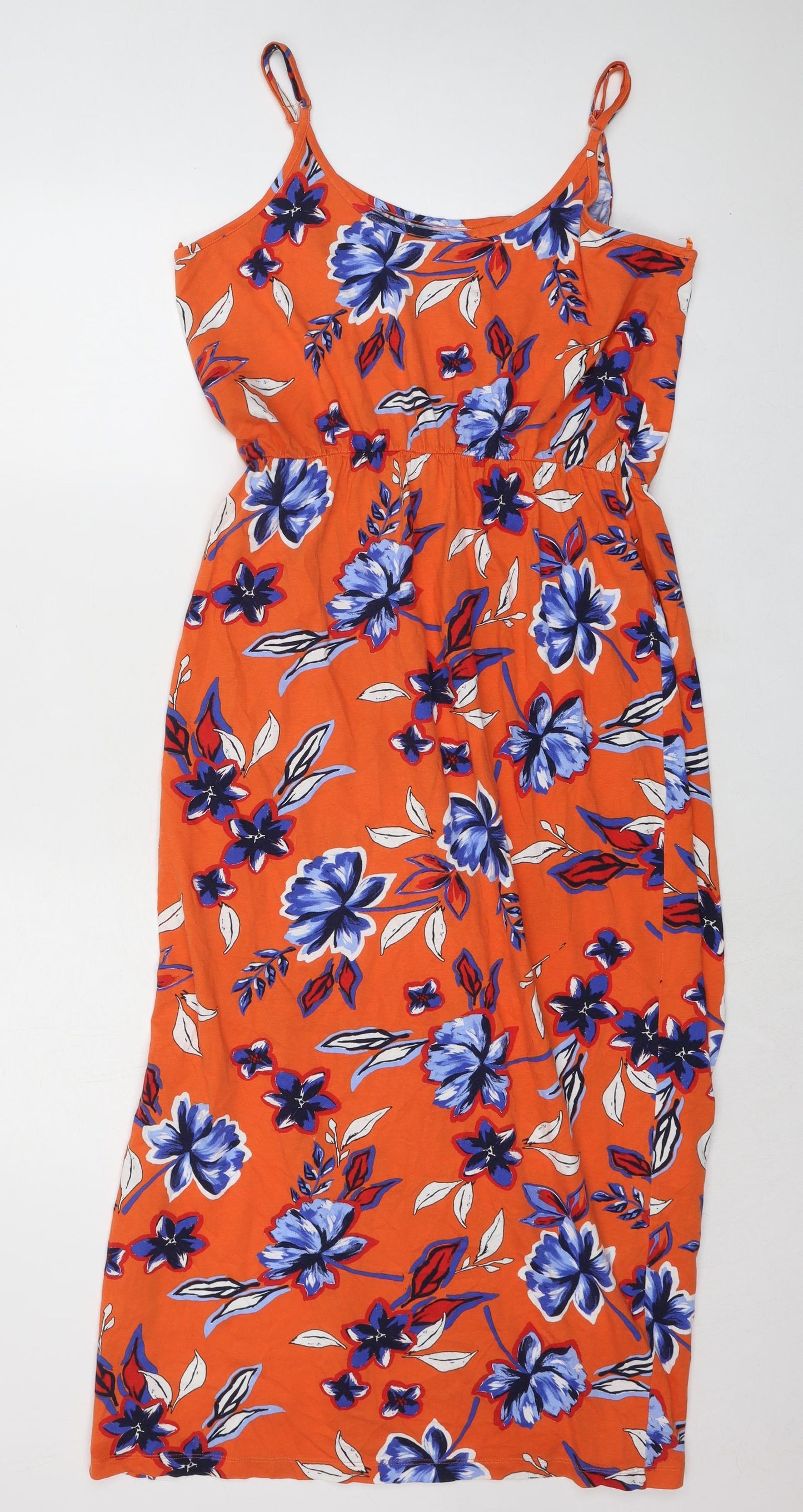 Marks and Spencer Womens Orange Floral 100% Cotton Slip Dress Size 16 Scoop Neck Pullover
