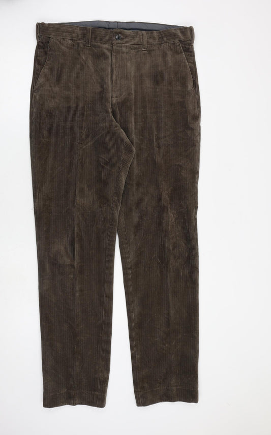 Marks and Spencer Mens Brown Cotton Trousers Size 36 in L33 in Regular Zip - Pockets