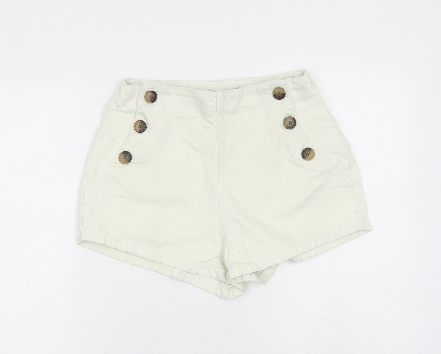 Zara Womens Ivory 100% Cotton Sailor Shorts Size 10 L3 in Regular Button