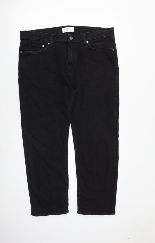 Marks and Spencer Mens Black Herringbone Cotton Straight Jeans Size 36 in L29 in Regular Zip
