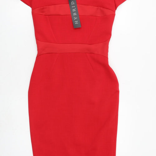 Hybrid Womens Red Polyester Pencil Dress Size 10 Boat Neck Zip