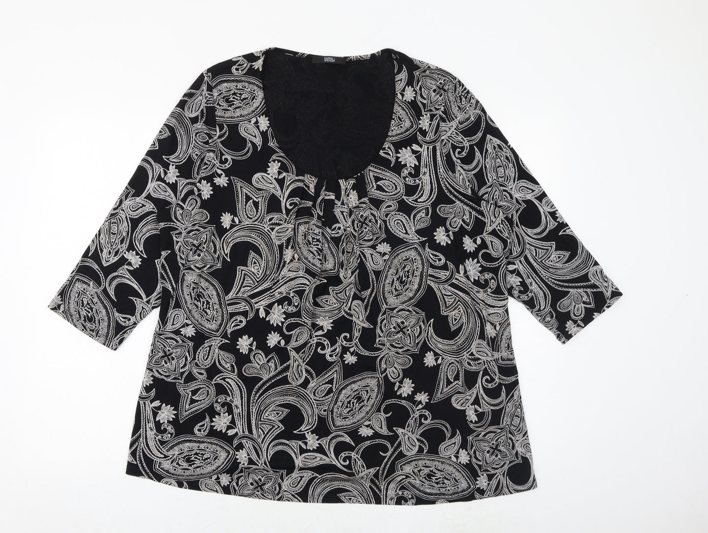 Marks and Spencer Womens Black Paisley Viscose Basic Blouse Size 20 Scoop Neck
