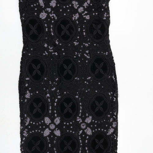 Damsel in a Dress Womens Black Geometric Polyester Shift Size 12 Boat Neck Zip