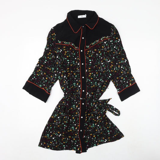 La Redoute Womens Black Floral Polyester Shirt Dress Size 12 Collared Tie