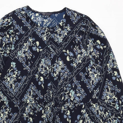 Marks and Spencer Womens Blue Floral Polyester A-Line Size 18 Round Neck Button
