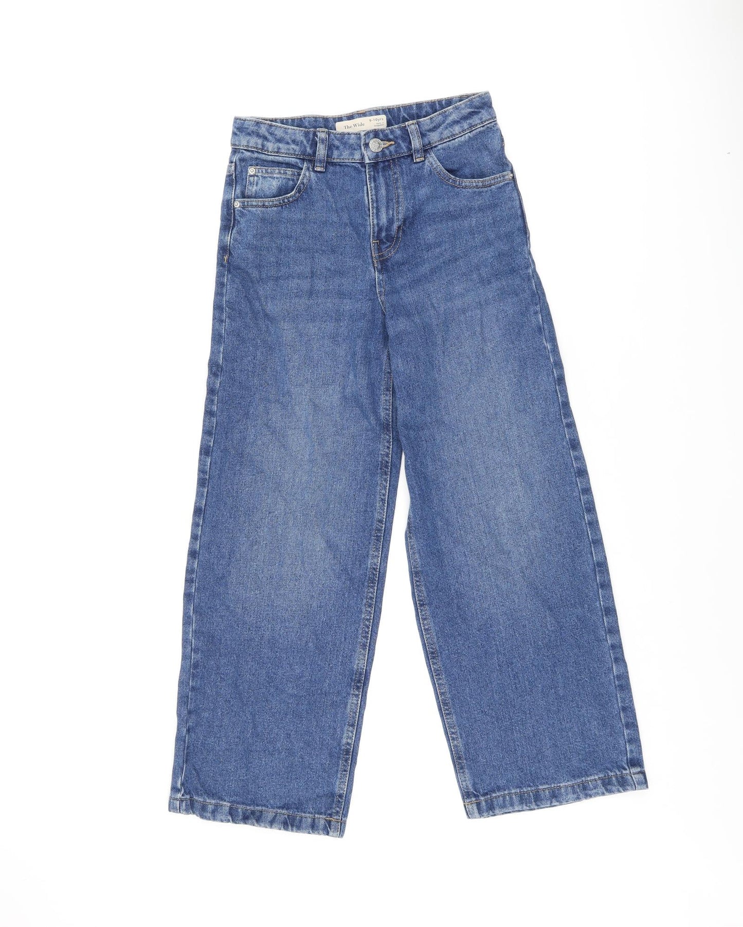 Marks and Spencer Girls Blue 100% Cotton Wide-Leg Jeans Size 9-10 Years L23 in Regular Zip