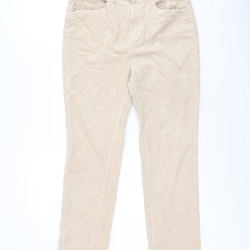 Marks and Spencer Womens Beige Cotton Trousers Size 12 L27 in Regular Zip