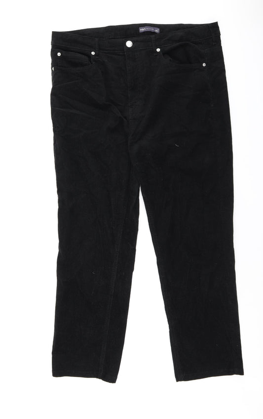 Marks and Spencer Womens Black Cotton Trousers Size 18 L26 in Regular Tie