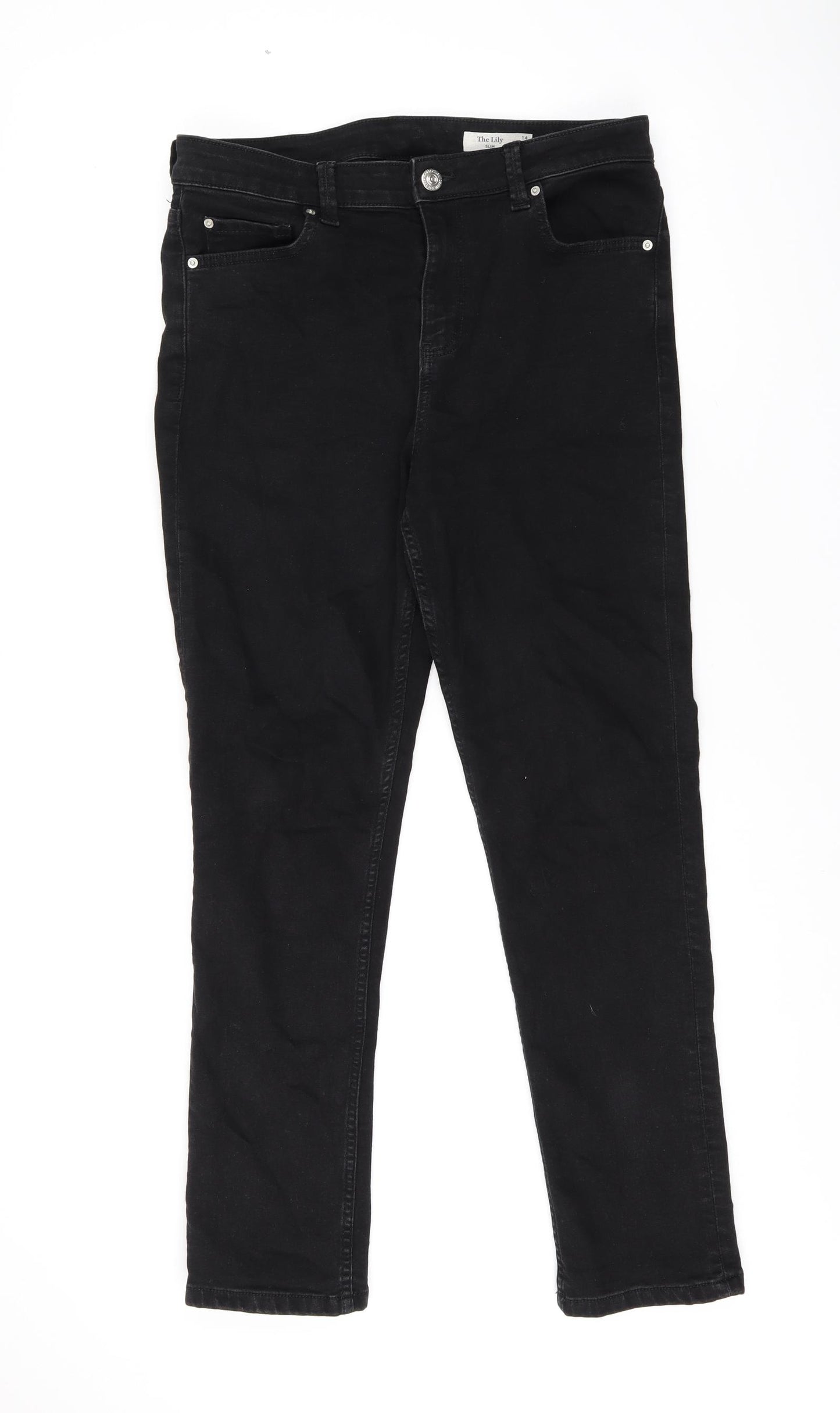 Marks and Spencer Womens Black Cotton Straight Jeans Size 14 L27 in Slim Zip