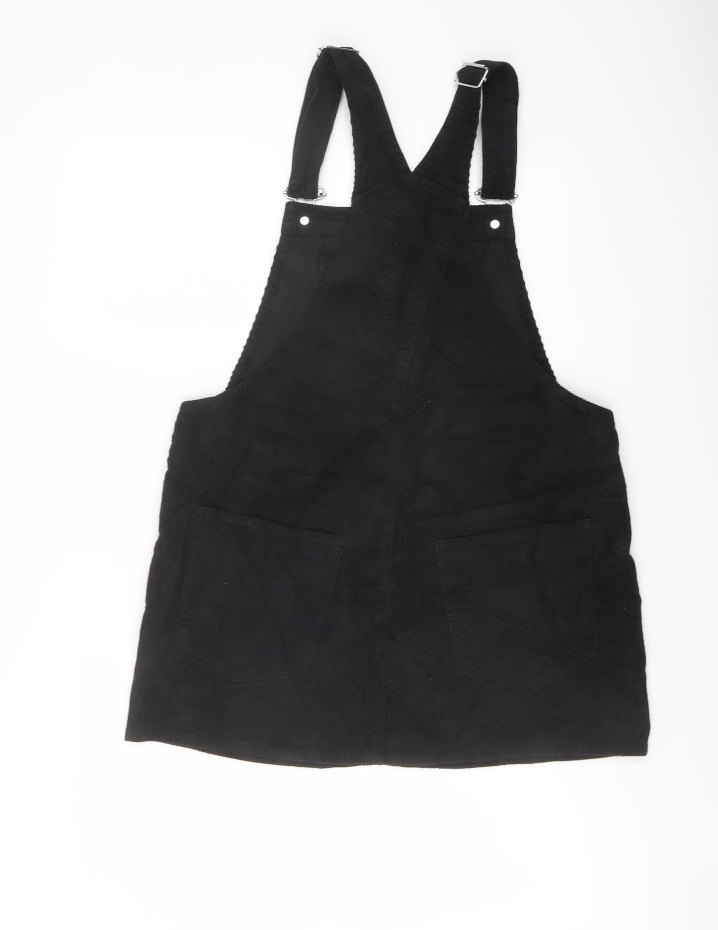 H&M Womens Black Cotton Pinafore/Dungaree Dress Size M Square Neck Buckle