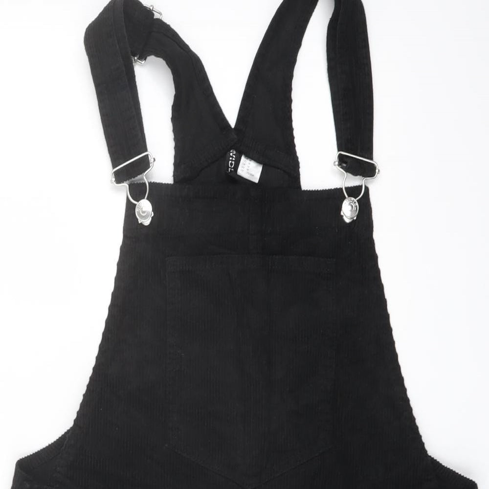 H&M Womens Black Cotton Pinafore/Dungaree Dress Size M Square Neck Buckle