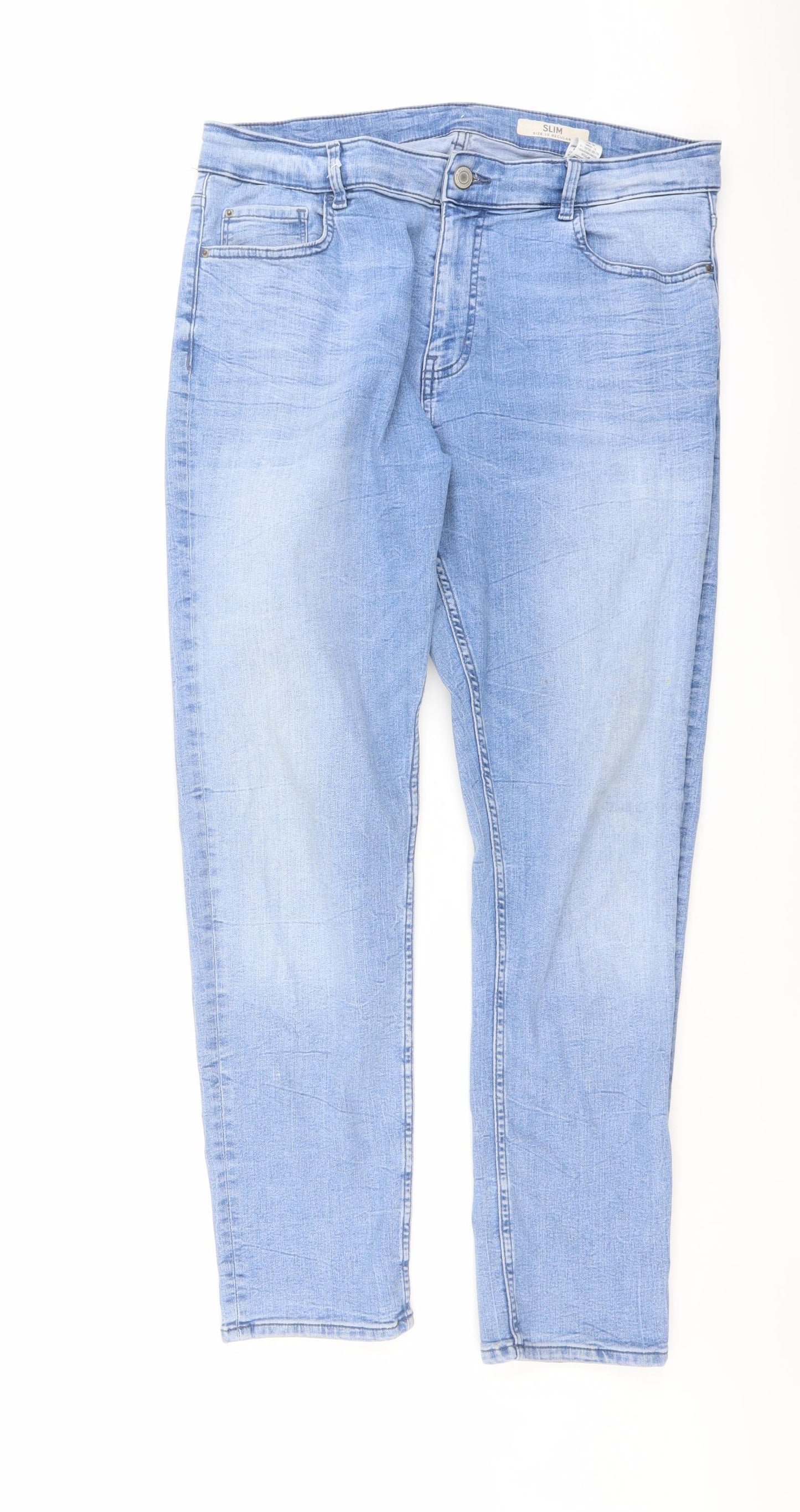 Marks and Spencer Womens Blue Cotton Straight Jeans Size 16 L28 in Slim Button