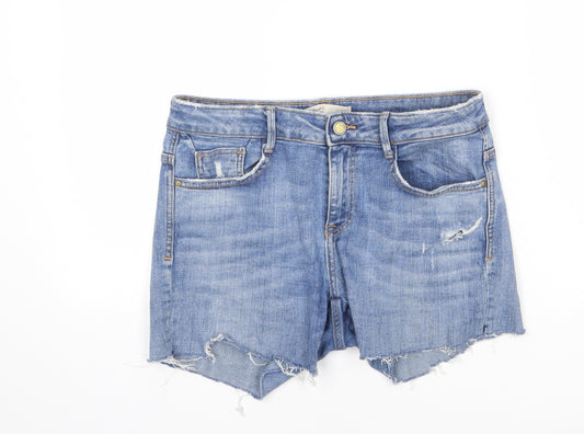 Zara Womens Blue Cotton Cut-Off Shorts Size 12 L4 in Regular Zip - Distressed Denim