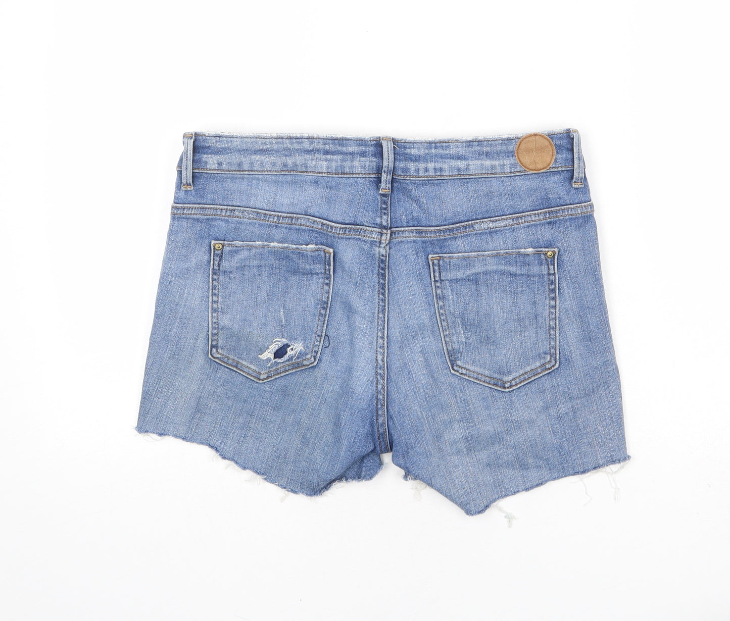 Zara Womens Blue Cotton Cut-Off Shorts Size 12 L4 in Regular Zip - Distressed Denim