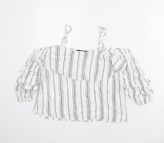 New Look Womens White Striped Viscose Basic Blouse Size 10 Off the Shoulder