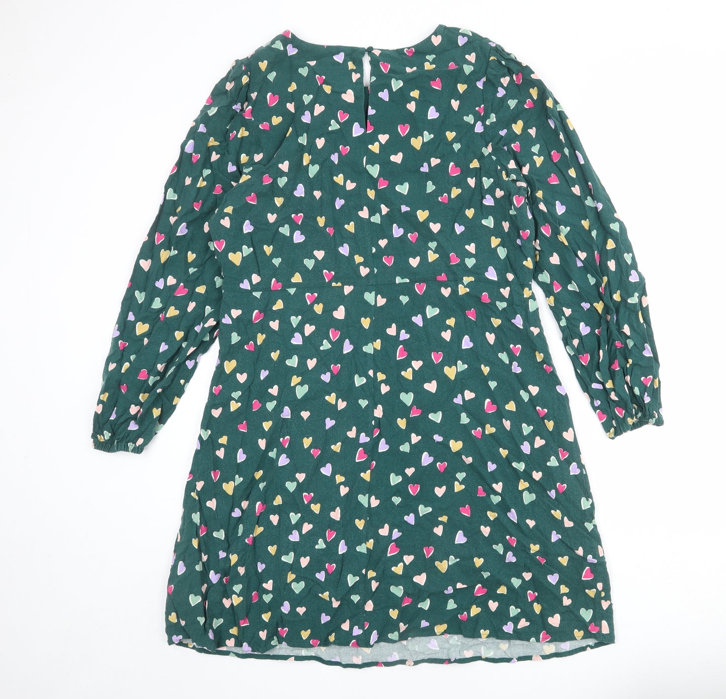 Sugarhill Womens Green Geometric Viscose T-Shirt Dress Size 18 Boat Neck Zip - Heart Print