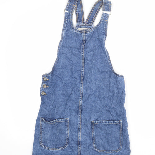 Denim & Co. Womens Blue 100% Cotton Pinafore/Dungaree Dress Size 6 Round Neck Buckle