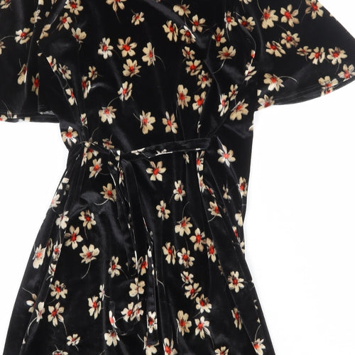 Topshop Womens Black Floral Polyester Wrap Dress Size 10 V-Neck Tie - Angel Sleeve
