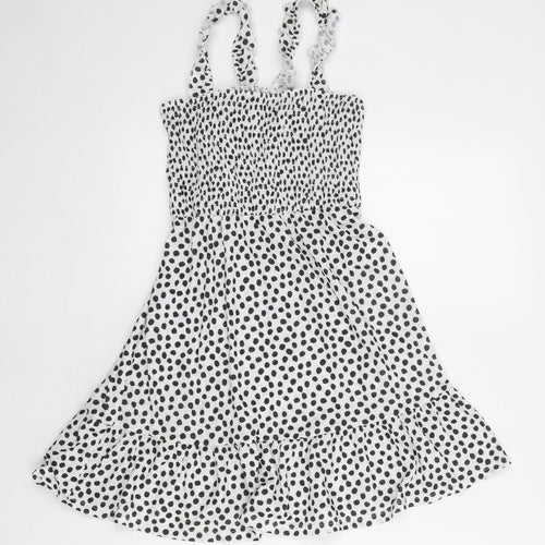 Topshop Womens White Polka Dot Polyester Fit & Flare Size 10 Square Neck Pullover - Shirred Top
