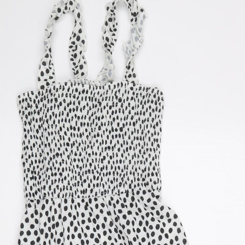 Topshop Womens White Polka Dot Polyester Fit & Flare Size 10 Square Neck Pullover - Shirred Top