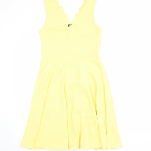 Boohoo Womens Yellow Polyester Skater Dress Size 10 V-Neck Pullover