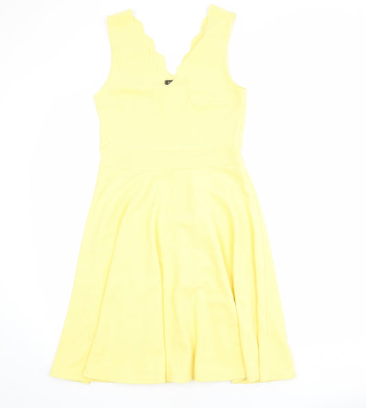 Boohoo Womens Yellow Polyester Skater Dress Size 10 V-Neck Pullover