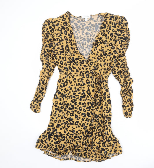 Topshop Womens Brown Animal Print Viscose Wrap Dress Size 8 V-Neck Tie - Leopard pattern