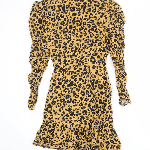 Topshop Womens Brown Animal Print Viscose Wrap Dress Size 8 V-Neck Tie - Leopard pattern