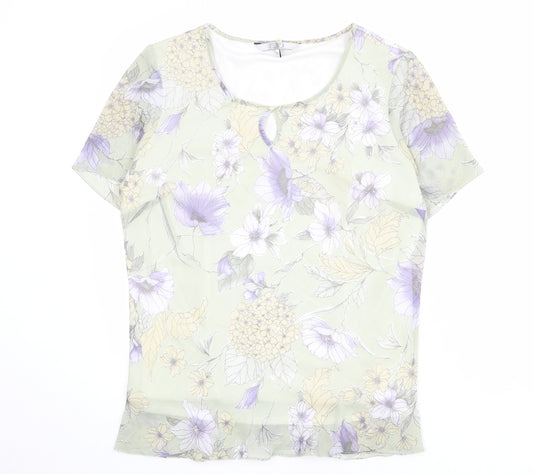Debenhams Womens Green Floral Polyester Basic T-Shirt Size 16 Round Neck