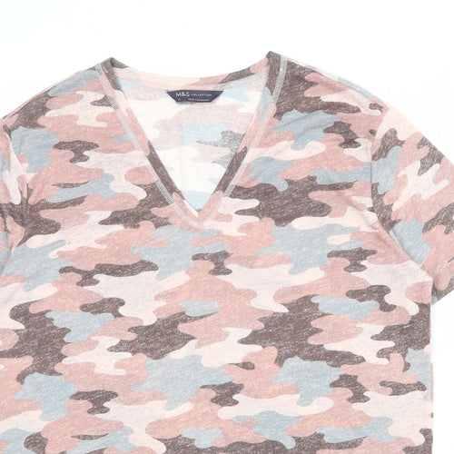 Marks and Spencer Womens Multicoloured Geometric Polyester Basic T-Shirt Size 10 V-Neck